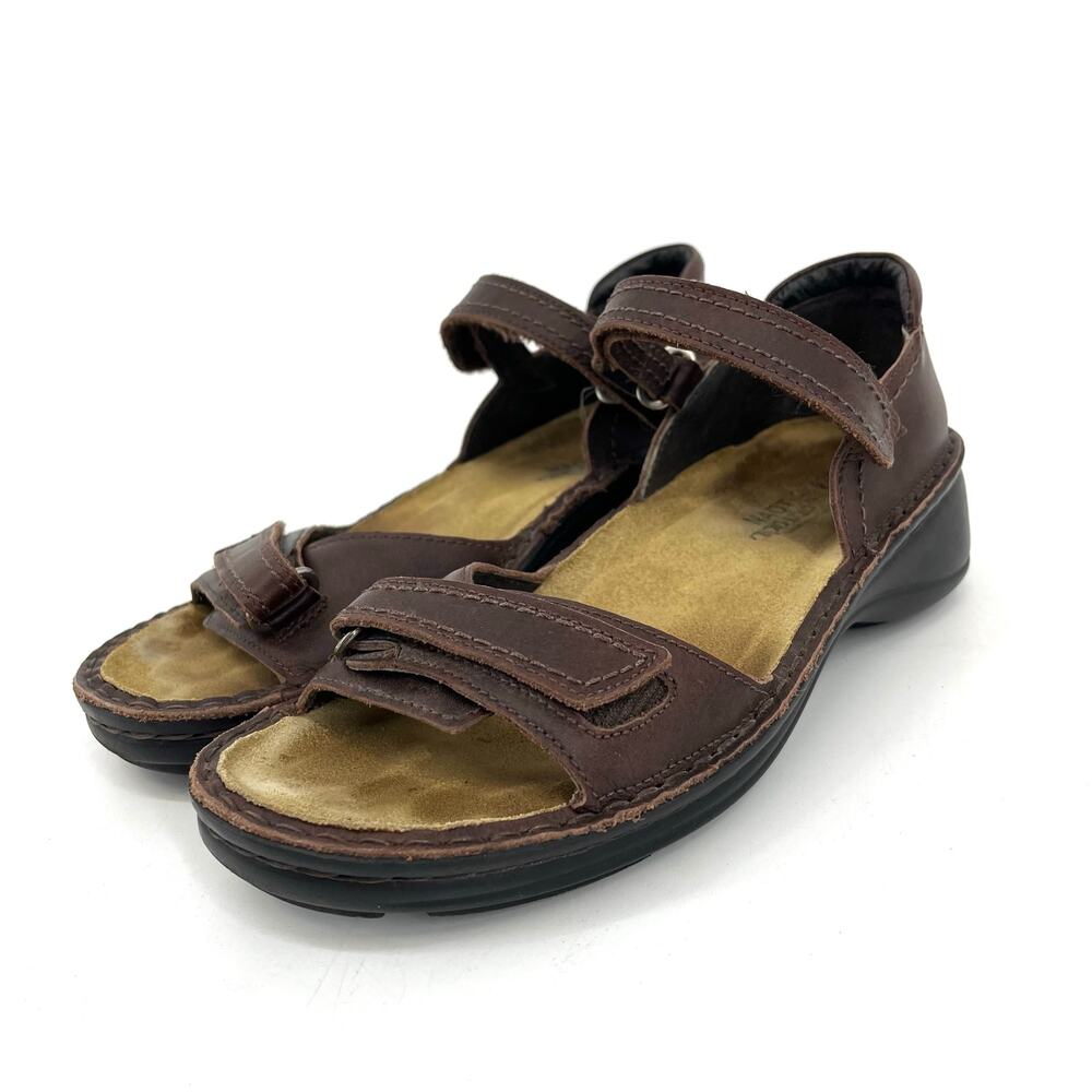 Naot Women's Rosemary Brown Leather 38 / 7 Adjustable Flat Comfort Sandals